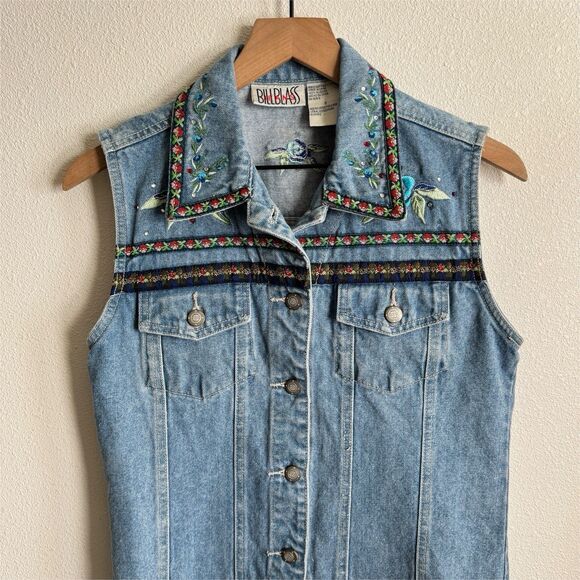 Vtg Y2K Bill Blass Vest Womens Small Blue Embroidered Festival Boho Hippie Denim - Picture 2 of 16